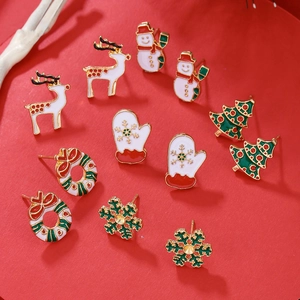 Christmas stud earring set with reindeer, snowman, and tree on festive red background