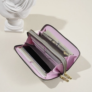 Vintage floral grey double zipper long wallet with large capacity for phone and cards