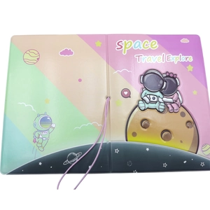 Detailed close-up of a space-themed passport holder with a colorful gradient cover design