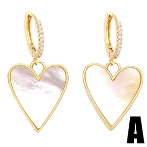 Elegant gold heart earrings with mother of pearl inlay and sparkling zircon crystals
