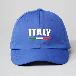 Detail of blue cotton baseball cap with white ITALY text and Italian flag stripe pattern