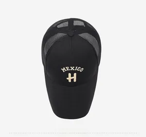 Top view of black mesh baseball cap with Mexico H embroidery and breathable back