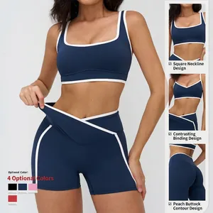 Women's two-piece yoga set with square neck sports bra and V-waist navy blue shorts