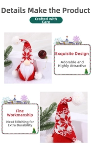 Close-up of the knitted holiday gnome showing snowflake patterns and soft white beard