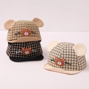 Kids plaid baseball caps with cartoon bear embroidery and cute 3D ears in khaki and black