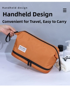Orange-brown travel toiletry bag with wet-dry separation and a convenient carry handle