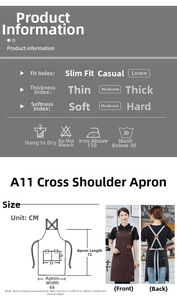 Size chart showing 72x66 cm canvas apron dimensions and fabric washing instructions