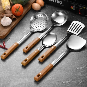 Stainless Steel Kitchen Utensils With Wood Grain Handle Cooking Turner Slotted Spoon Soup Ladle Mirror Polished