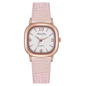 Square rose gold watch for women with pink leather strap and white numeric dial