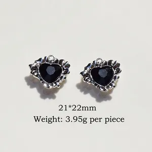 Silver alloy heart charms with black faceted gems and petal texture for DIY jewelry making