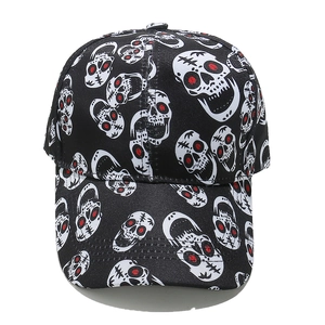 Retro punk hip hop baseball cap with white skull print and red accents on black fabric
