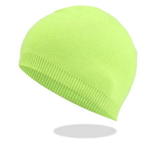 Detailed view of neon green ribbed knit beanie with thick fold-over cuff and premium texture