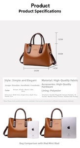 Detailed size specifications of the brown large capacity handbag with iPad size comparison