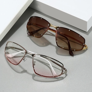 Cat Eye Sunglasses Metal Square Frame Rhinestone Rimless UV400 Trendy Eyewear For Men Women Holiday Sunscreen Protection