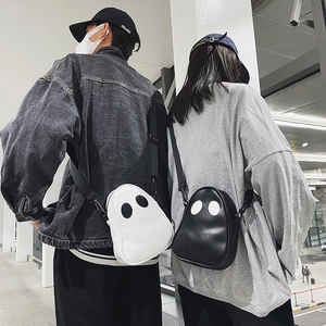 Matching pair of cute ghost crossbody bags in black and white PU leather for couples
