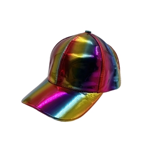 Detailed close-up of rainbow gradient baseball cap with metallic laser finish