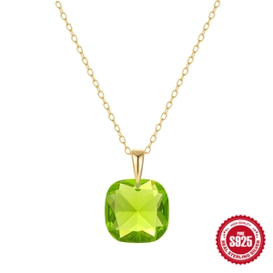 Luxurious S925 sterling silver necklace featuring a cushion-cut green crystal pendant