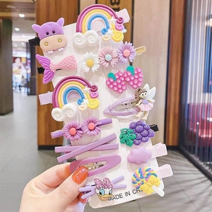 Set of colorful cartoon hair clips for girls including rainbow and animal designs