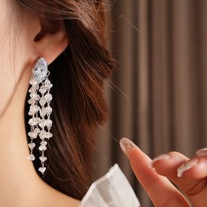 Macro shot of silver tassel earrings with clear zircons worn by a model