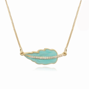Golden leaf necklace with turquoise enamel and zircon stones on a white background
