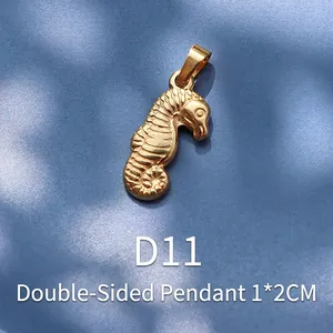 Detailed macro view of gold-plated seahorse pendant with scales and dimensions 1x2cm