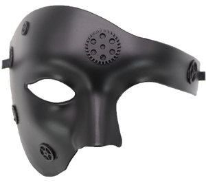 Detail of steampunk phantom mask with bronze gears and black matte finish for cosplay