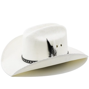 Close-up of white woven cowboy hat with decorative feather and metal eyelets