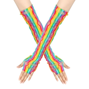 Detail view of rainbow fishnet long gloves with fingerless elastic mesh design