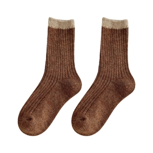 Brown wool crew socks for women with beige contrast cuff and ribbed texture for winter