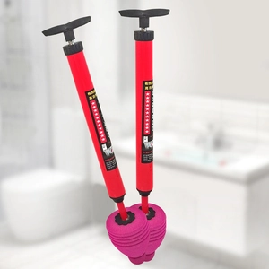 Manual high pressure toilet plunger tool with red body and ergonomic black handle