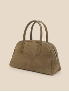 Retro suede Boston bowling bag in khaki brown with premium minimalist handbag design