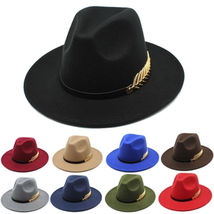 Vintage Fedora Jazz Hut Polyesterfilz Breite Krempe Mit Goldenem Blatt Aus Metall Und Schwarzem Band Damen Herren