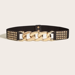 Elastic wide black belt for women featuring gold chain buckle and square stud accents