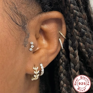 S925 Sterling Silver Gold Earring Set with Cubic Zirconia leaf charm and ear cuffs