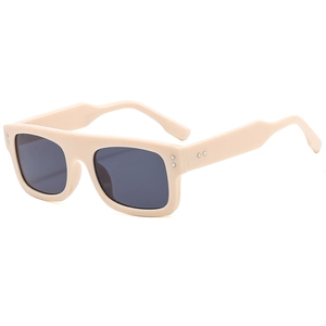Fashionable square flat top sunglasses in beige with silver diamond studs and dark lenses