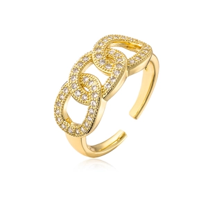 Detail of gold chain link ring with micro-pave white crystals and adjustable open band