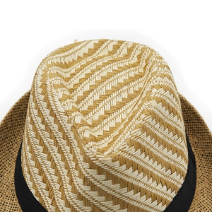 Macro detail of dual-tone straw weave pattern and black ribbon on a men's fedora hat