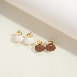 French vintage 14K gold plated bead earrings with stylish white and brown resin drops