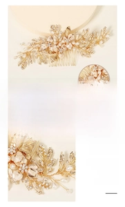 Macro detail of handmade bridal hair comb with gold floral vines and pearls