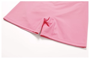 Detail of pink yoga leggings showing reinforced crotch and four-needle six-thread stitching