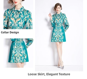 Details des Vintage Blumenkleids in Türkis mit Hemdkragen und Taillengürtel Design