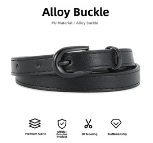 Close-up of black PU leather belt featuring double-stitched edges and matte alloy buckle
