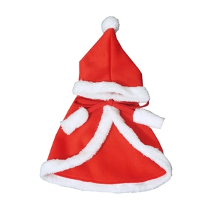 Festive red pet Christmas cloak with hooded design and white plush trim for cats and small dogs