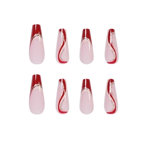 French cherry red and pink ombre press-on nails with silver glitter lines and coffin shape