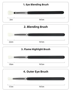 Detailed size chart for 4 black eye makeup brushes with soft bristles and wood handles