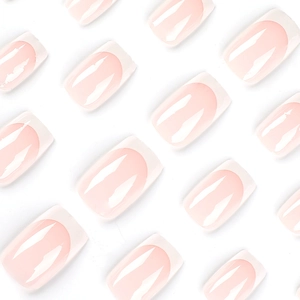 Short square press-on nails with classic pink base and glossy white french tips