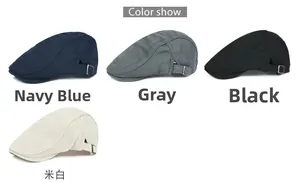 Detail showing various colors of breathable flat caps with metal side adjustment buckles