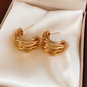 Multi Layer Wrapped C Shape Hoop Earrings Gold Plated Copper With Silver Earring Post Geometric Minimalist For Women