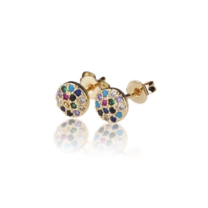 Round Stud Earrings Gold Plated Copper With 925 Sterling Silver Earring Post Colorful Cubic Zirconia Micro Pave Trendy Jewelry