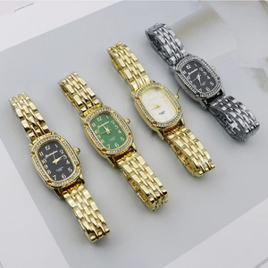 Women's vintage quartz watch set with oval rhinestone dials and metal link bracelets